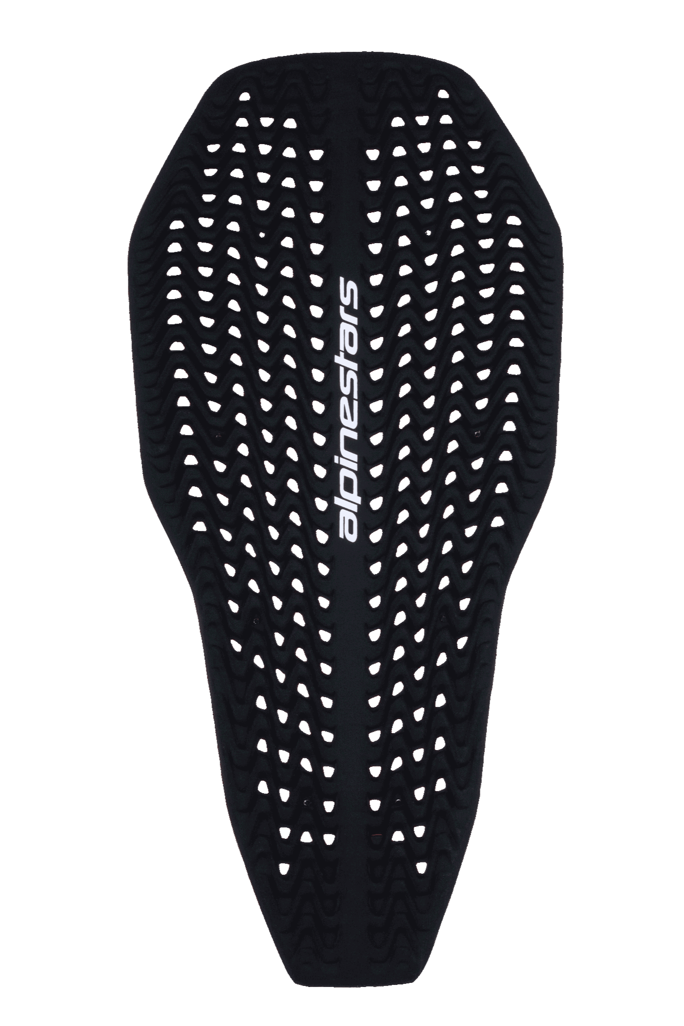 Alpinestars Nucleon Plasma Full Back Protector Insert, motorrugbeschermer, zwart, met een geperforeerde golvende textuur voor ventilatie, wit verticaal Alpinestars-logo, slank en flexibel gevormd ontwerp