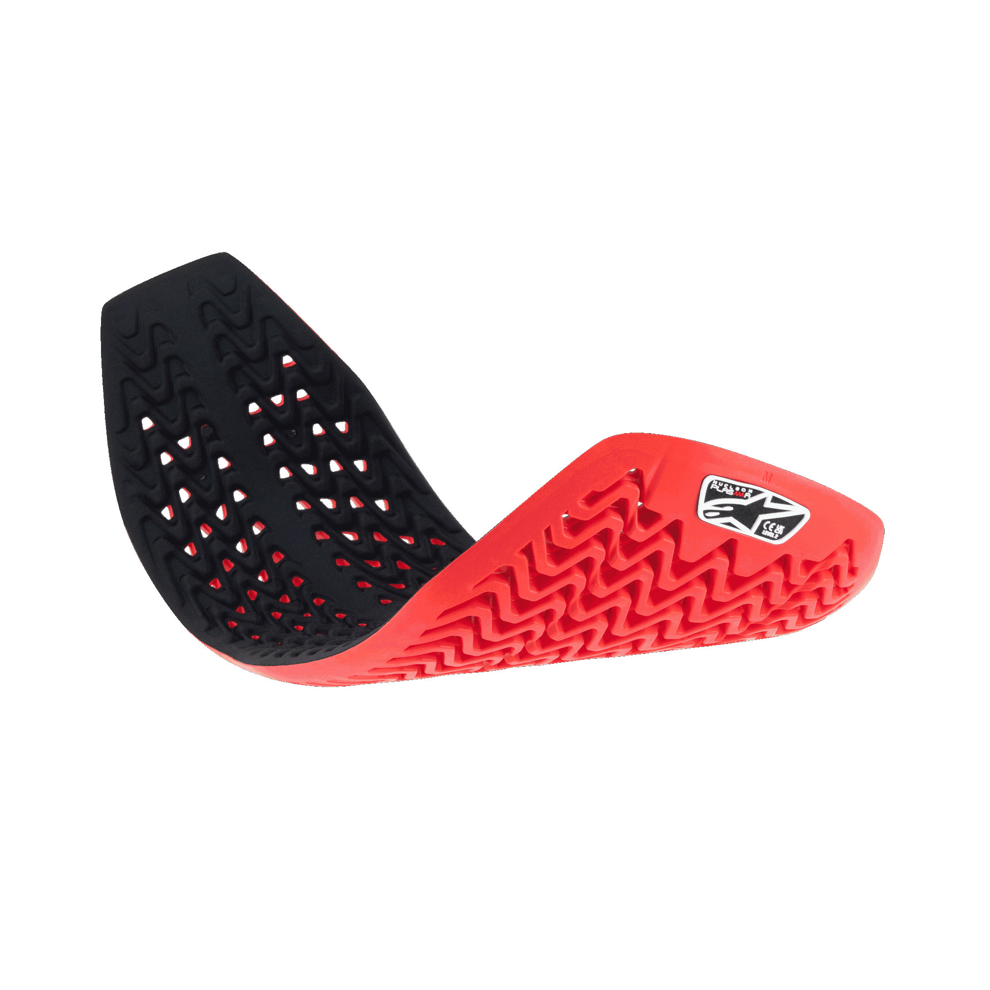 Alpinestars Nucleon Plasma Full Back Protector Insert, rood en zwart, flexibele motorrugbeschermer gebogen getoond om de buigzaamheid te tonen, voorzien van een geventileerde honingraatstructuur en golfpatronen voor schokabsorptie en ademend vermogen