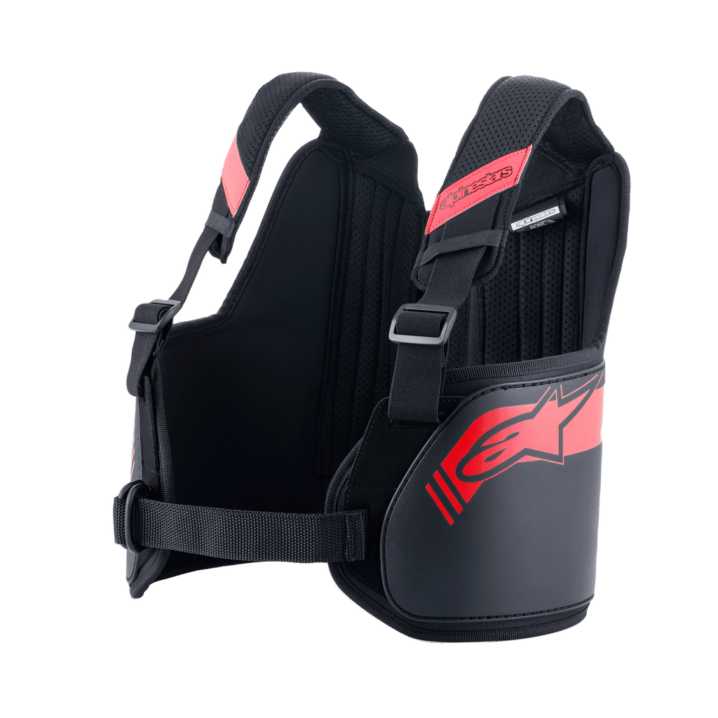 Alpinestars Bionic Rib Support, karting ribbeschermer, zwart en rood, voorzien van verstelbare schouderbanden met gespen, ergonomisch gevormd ontwerp met rood logo, ademend mesh-materiaal voor motorsportbescherming