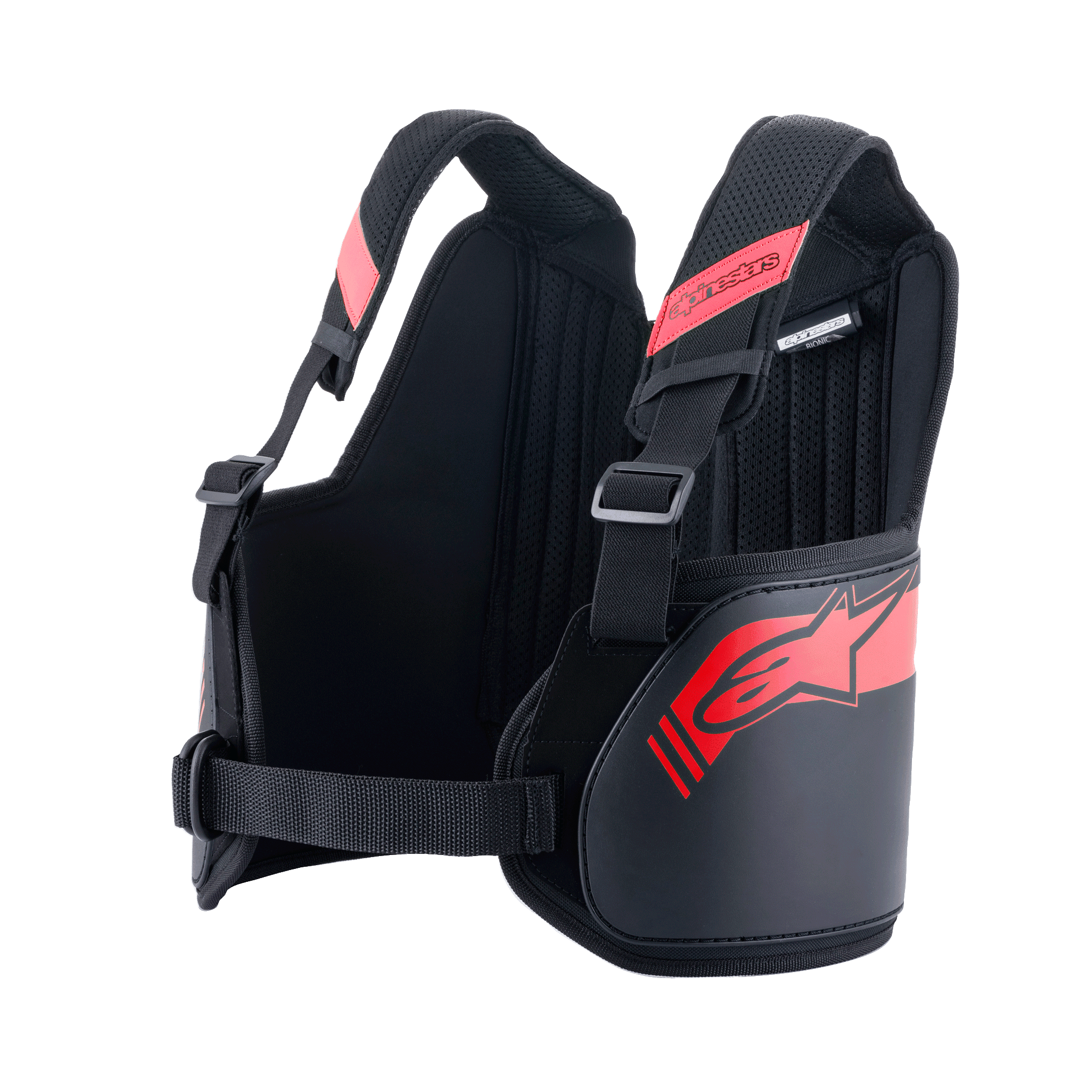 Alpinestars Bionic Rib Support, karting ribbeschermer, zwart en rood, voorzien van verstelbare schouderbanden met gespen, ergonomisch gevormd ontwerp met rood logo, ademend mesh-materiaal voor motorsportbescherming