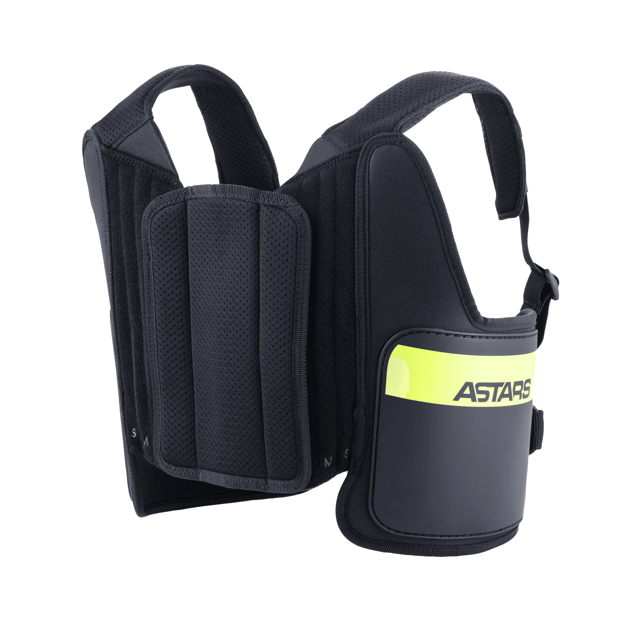 Alpinestars Bionic Rib Support, kart ribbeschermer, zwart en fluogeel, voorzien van ASTARS-branding, verstelbare mesh-banden en meerlaagse gevoerde constructie voor een ergonomische pasvorm.