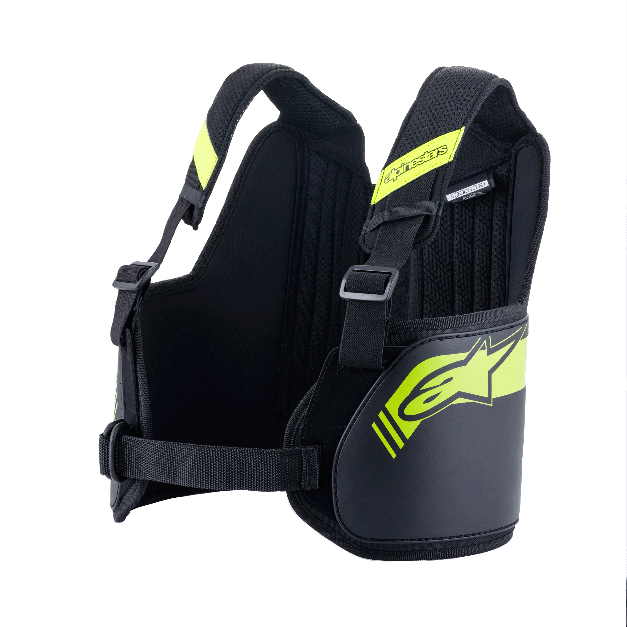 Alpinestars Bionic Rib Support, karting ribbenbeschermer, zwart en fluogeel, met verstelbare banden en centrale borstband, ademende mesh binnenvoering met gewatteerde panelen, ergonomisch ontwerp voor bescherming bij het karten