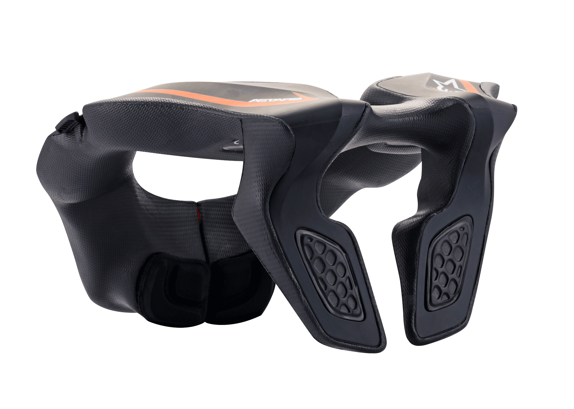Alpinestars Youth Neck Support, motorcross nekbeschermer, zwart met oranje accenten en wit logo, geïnjecteerd polymeerframe met EVA-schuimvulling, ontworpen voor de veiligheid van jeugdrijders tijdens off-road racen
