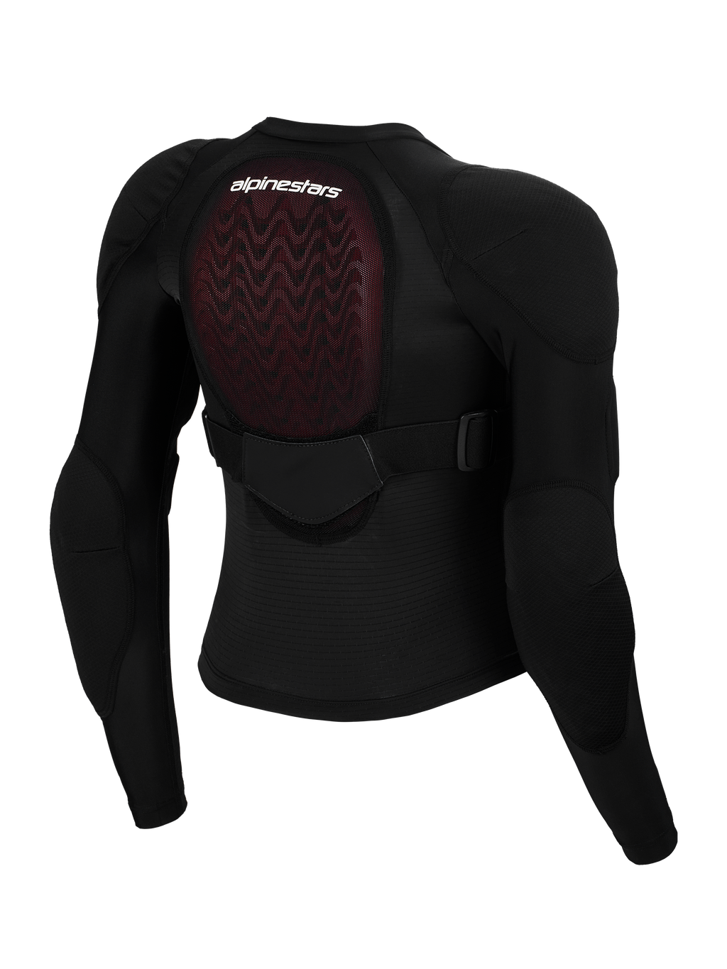 Alpinestars Bionic Plasma LT Jeugd Beschermjas, achteraanzicht, zwart mesh met rode Nucleon PLASMA rugbeschermer, geïntegreerde schouder- en elleboogbescherming, verstelbare band op de middenrug, motorcross bescherming voor jongeren