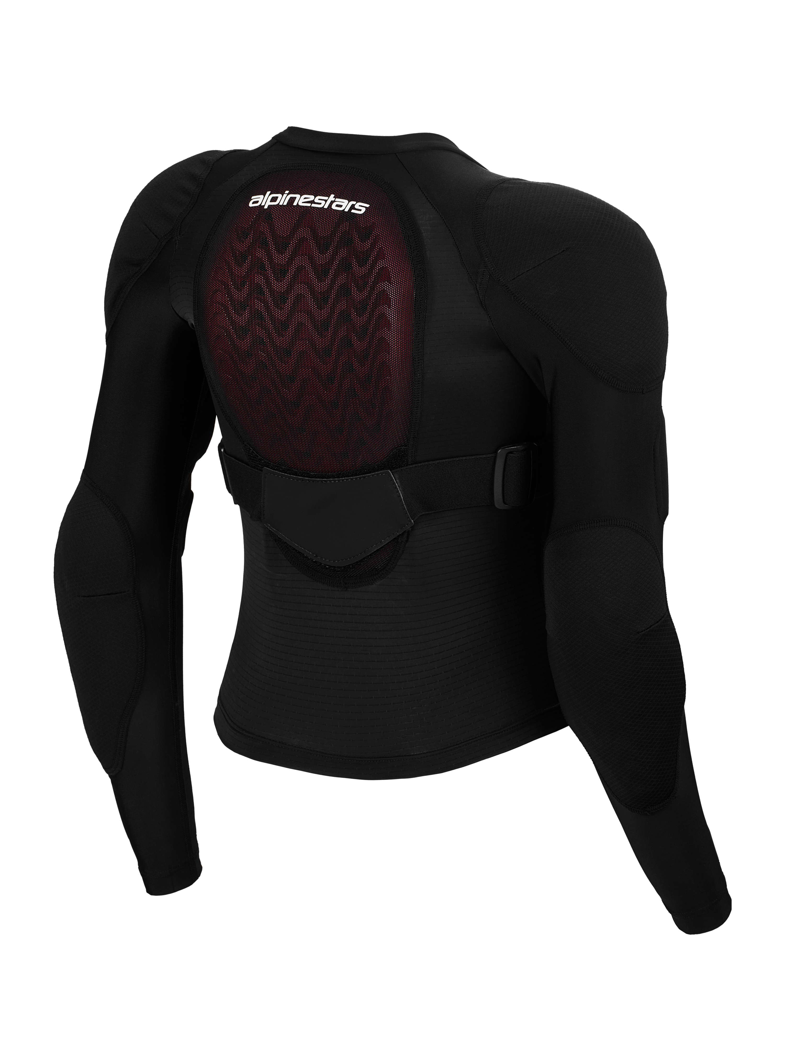 Alpinestars Bionic Plasma LT Jeugd Beschermjas, achteraanzicht, zwart mesh met rode Nucleon PLASMA rugbeschermer, geïntegreerde schouder- en elleboogbescherming, verstelbare band op de middenrug, motorcross bescherming voor jongeren