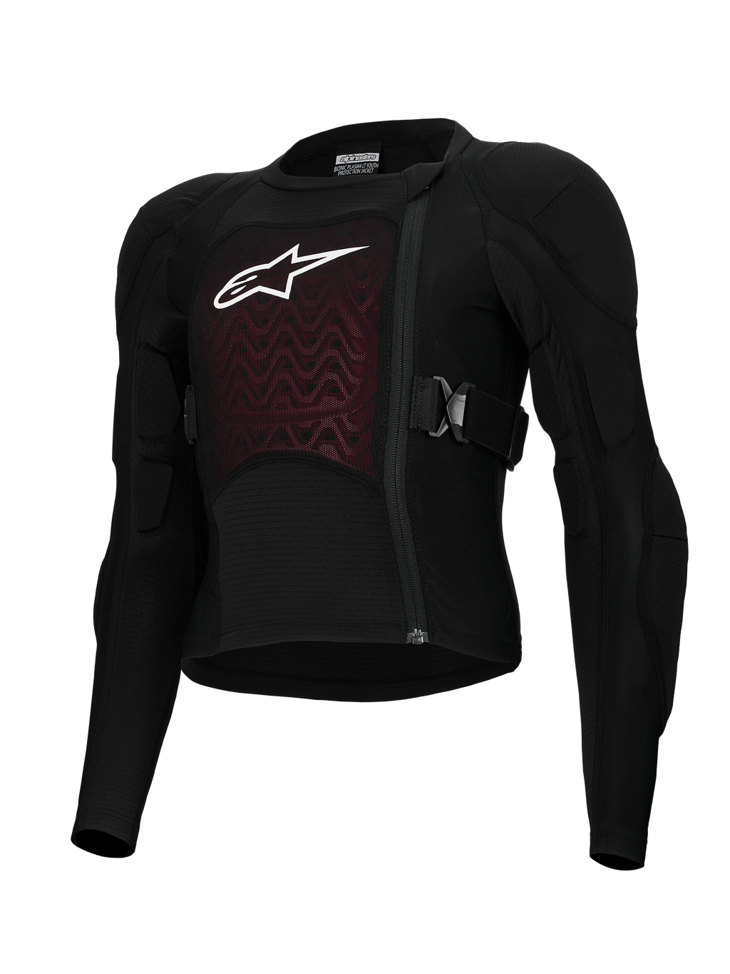 Alpinestars Bionic Plasma LT Youth Protection Jacket, jeugd motorcross beschermingsjas, zwart en rood, voorzien van gewatteerde schouders en ellebogen, asymmetrische rits aan de voorzijde, verstelbare zijriemen en getextureerd borstpaneel met wit logo