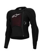 Alpinestars Bionic Plasma LT Youth Protection Jacket, jeugd motorcross beschermingsjas, zwart en rood, voorzien van gewatteerde schouders en ellebogen, asymmetrische rits aan de voorzijde, verstelbare zijriemen en getextureerd borstpaneel met wit logo