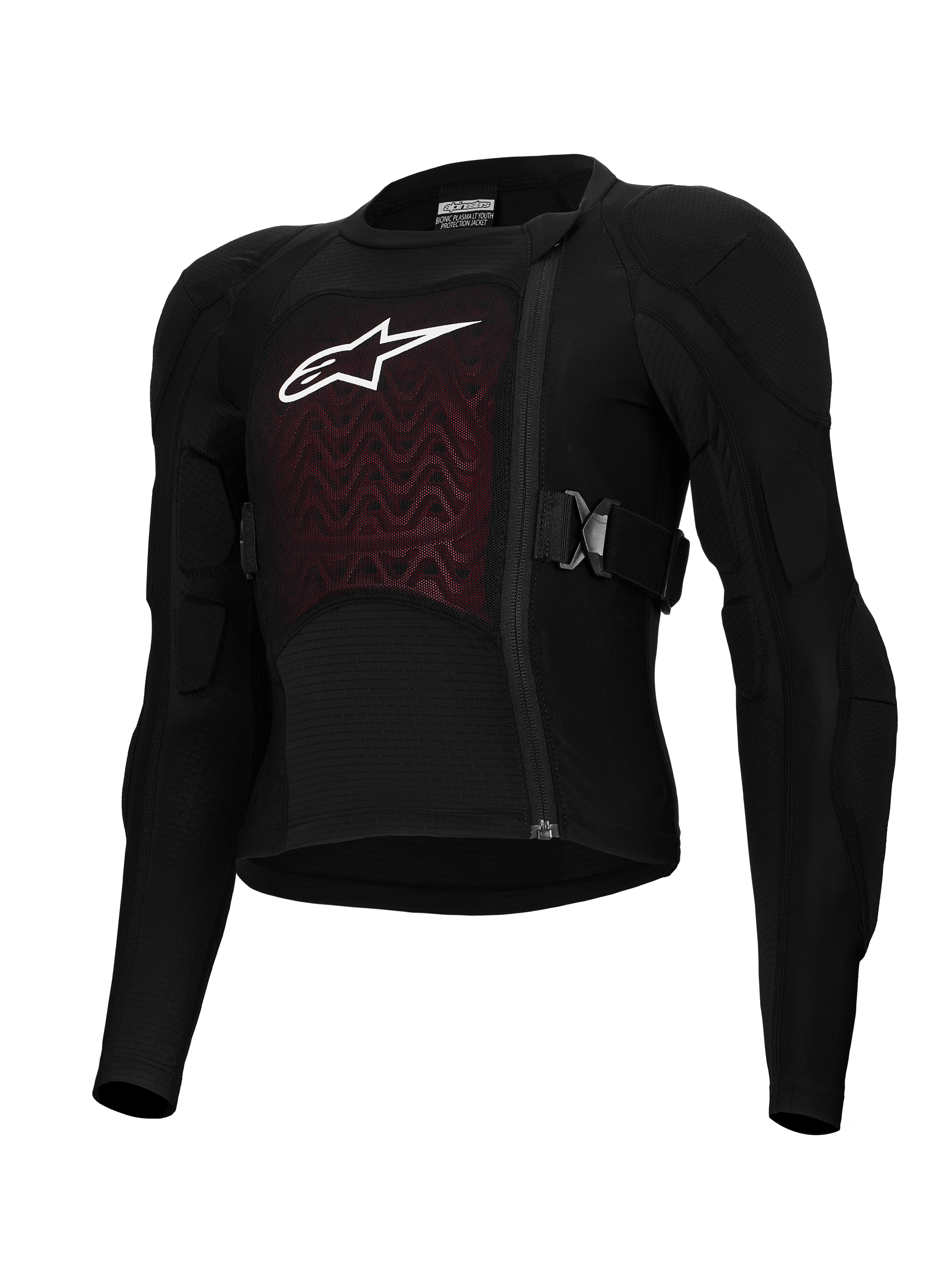 Alpinestars Bionic Plasma LT Youth Protection Jacket, jeugd motorcross beschermingsjas, zwart en rood, voorzien van gewatteerde schouders en ellebogen, asymmetrische rits aan de voorzijde, verstelbare zijriemen en getextureerd borstpaneel met wit logo