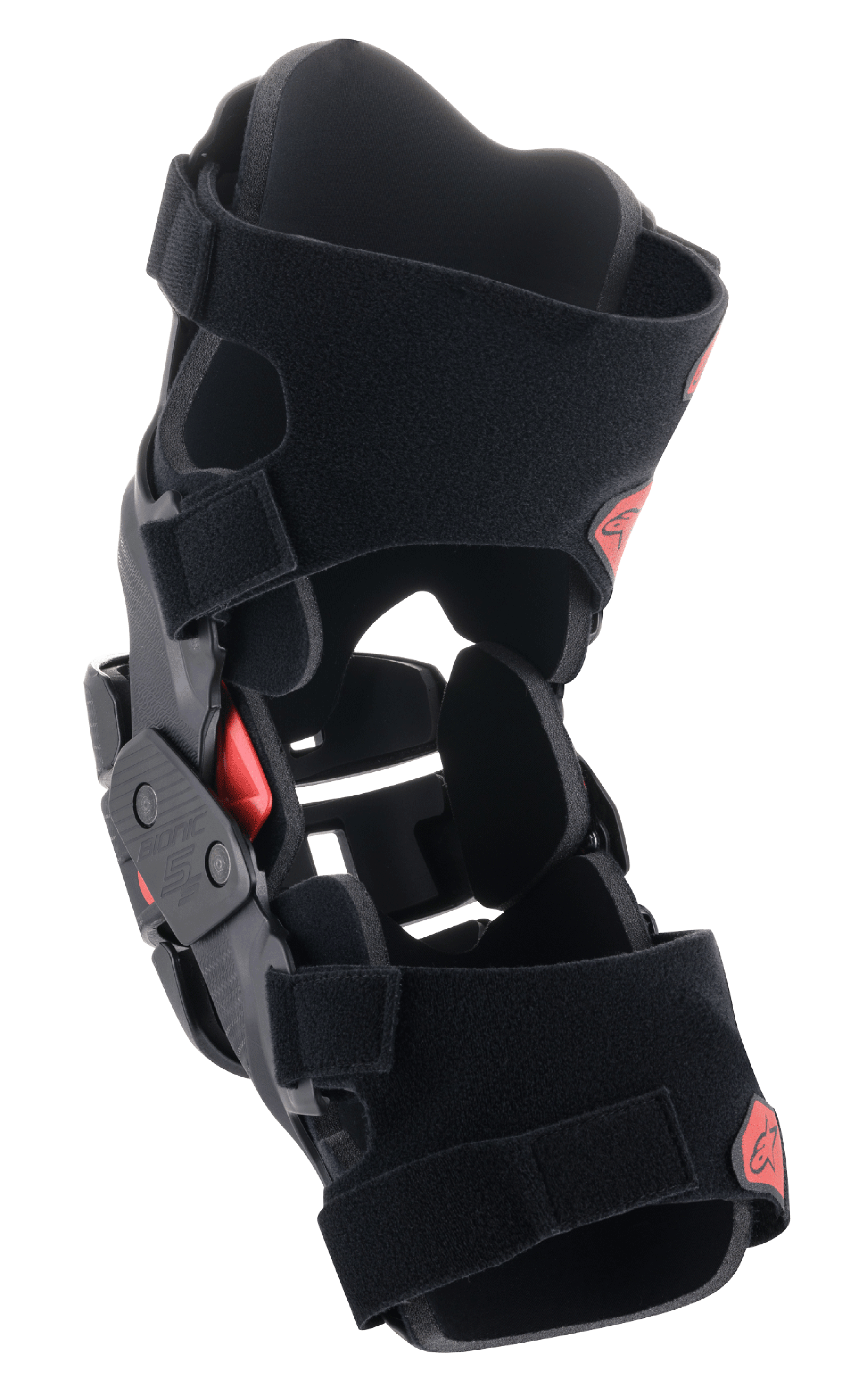 Alpinestars Youth Bionic 5S kniebrace, motorcross kniebeschermer, zwart en rood, met een hybride frameconstructie, stabiel vierpuntscharniersysteem en verstelbare klittenbandriemen, beschermend en lichtgewicht ontwerp voor jonge off-road rijders