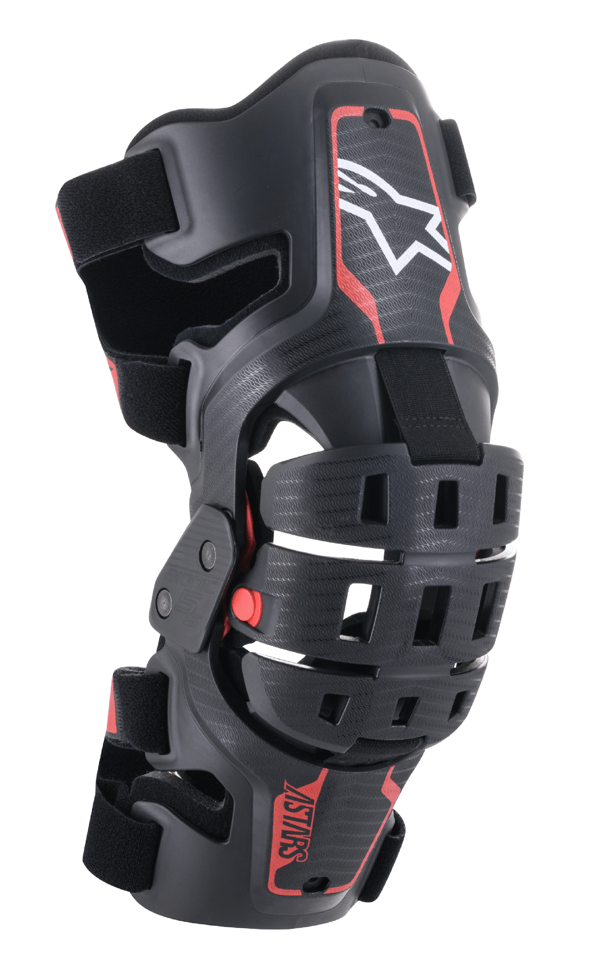 Alpinestars Youth Bionic 5S kniebrace, motorcross kniebeschermer, zwart en rood, voorzien van een wit sterlogo, vierpuntscharnier, robuust composietframe met verstelbare banden, ontworpen voor jeugd off-road racing