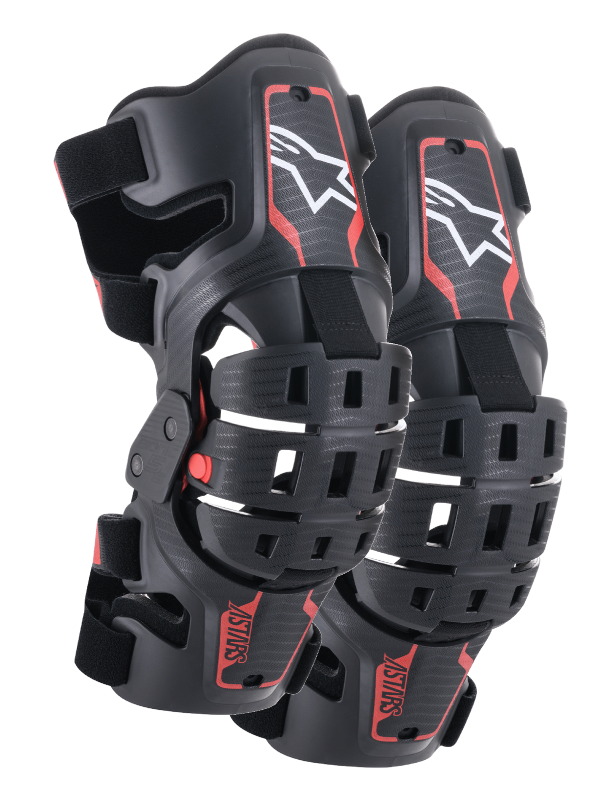 Alpinestars Bionic 5S Youth kniebraces, motorcross kniebescherming, zwart en rood, paar beschermers met een hybride frame-ontwerp en geventileerde schalen, wit Astar-logo bovenaan, rode ASTARS-branding onderaan en verstelbare zwarte banden voor een stevige pasvorm.
