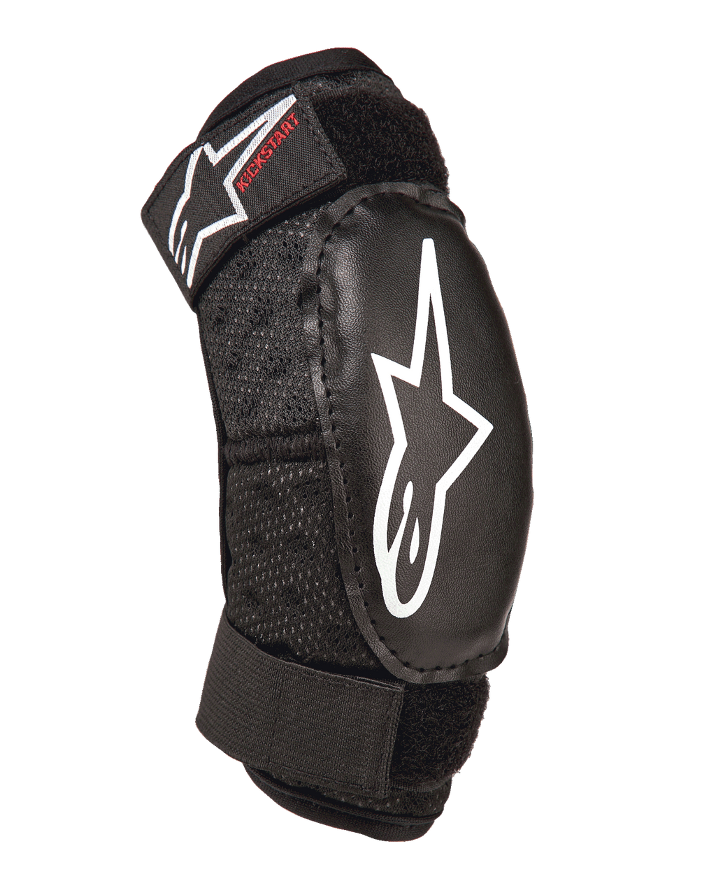 Alpinestars Youth Bionic Action Kickstart elleboogbeschermer, zwart, beschermende jeugd elleboogbeschermer met wit sterlogo en rode Kickstart-branding, dubbele verstelbare banden met klittenband, ademende mesh-stof, ergonomisch ontwerp voor motorcross en actiesporten