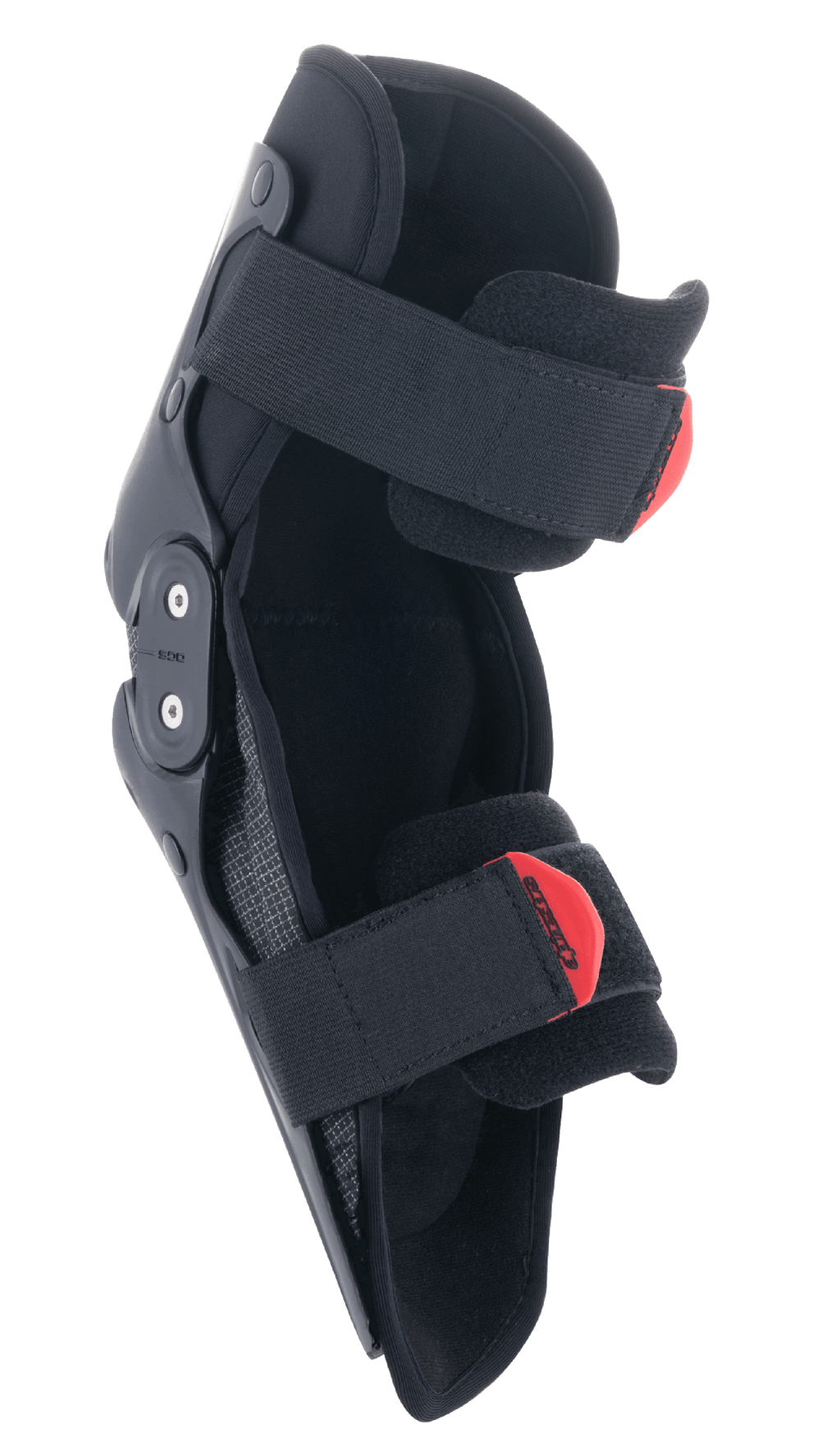 Alpinestars Youth SX-1 Kniebeschermer, motorcross kniebescherming, zwart en rood, met een dubbel scharniersysteem en een verstelbaar dubbel riemsysteem met rode treklipjes, lichtgewicht en duurzame bescherming voor jonge off-road rijders.