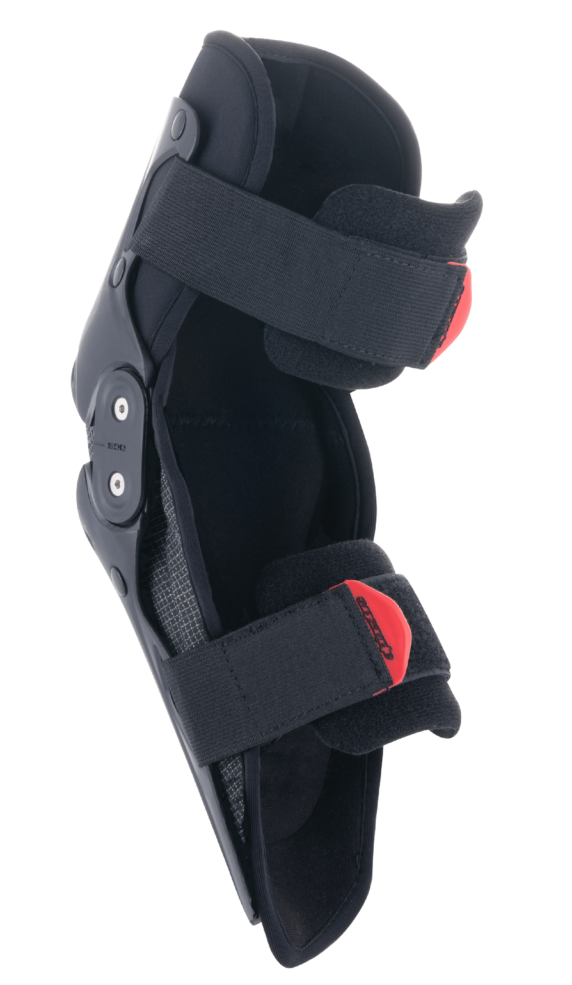 Alpinestars Youth SX-1 Kniebeschermer, motorcross kniebescherming, zwart en rood, met een dubbel scharniersysteem en een verstelbaar dubbel riemsysteem met rode treklipjes, lichtgewicht en duurzame bescherming voor jonge off-road rijders.