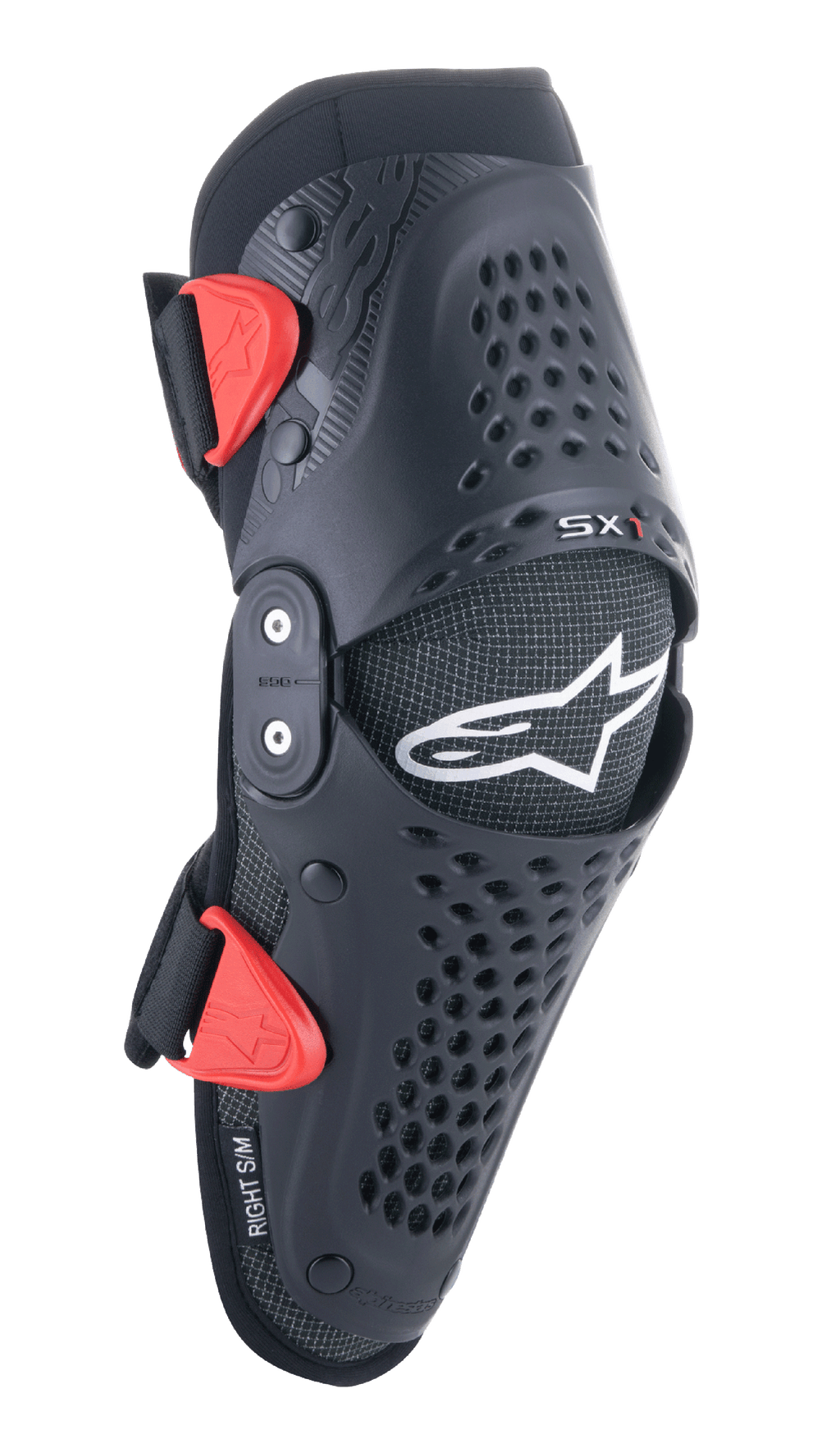 Alpinestars Youth SX-1 kniebeschermers, motocross kniebescherming, zwart en rood, voorzien van geperforeerde ventilatiegaten, dubbel scharniersysteem, verstelbare riemen met rode gespen, wit sterlogo, jeugd off-road motorbescherming