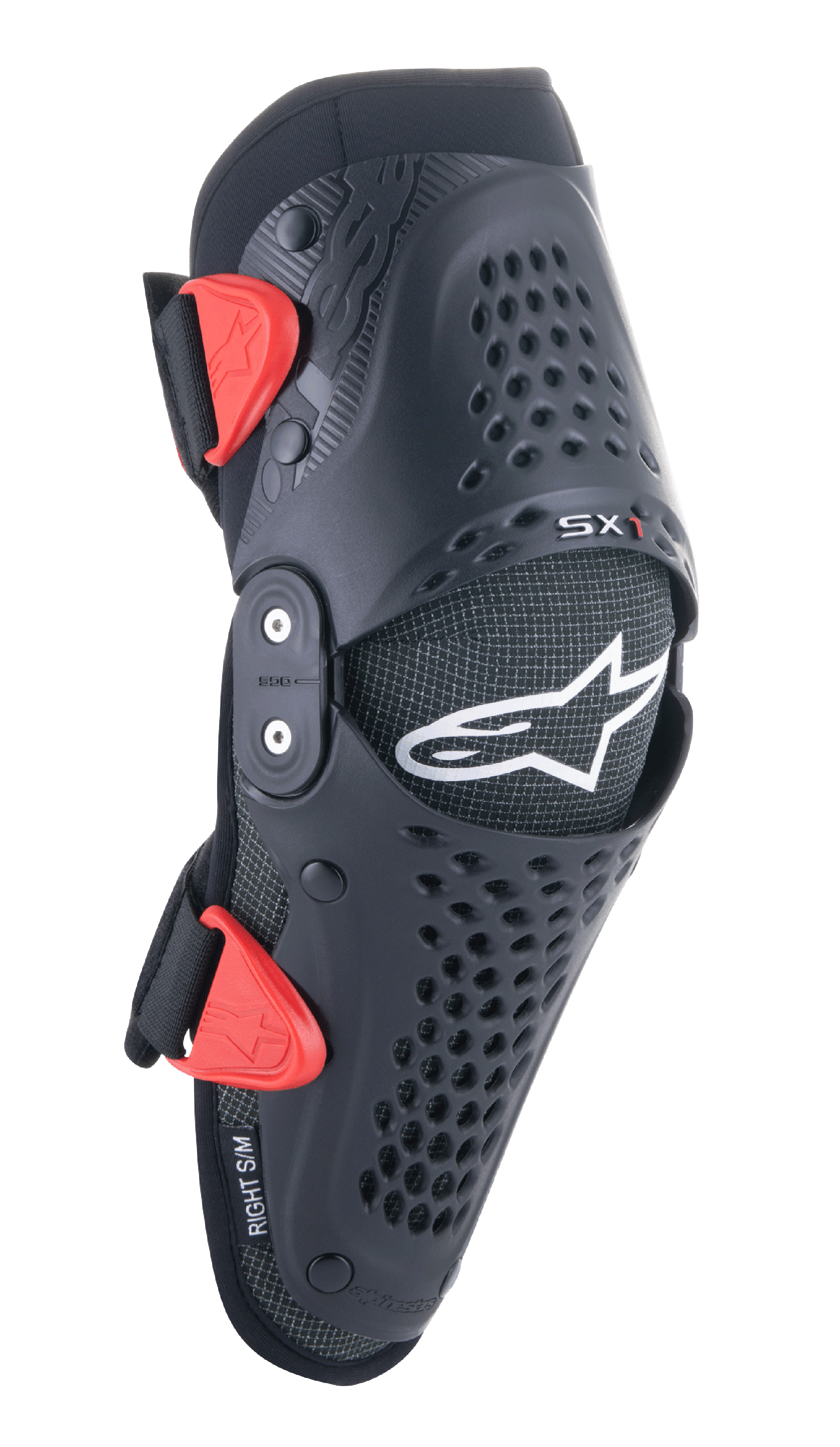 Alpinestars Youth SX-1 kniebeschermers, motocross kniebescherming, zwart en rood, voorzien van geperforeerde ventilatiegaten, dubbel scharniersysteem, verstelbare riemen met rode gespen, wit sterlogo, jeugd off-road motorbescherming