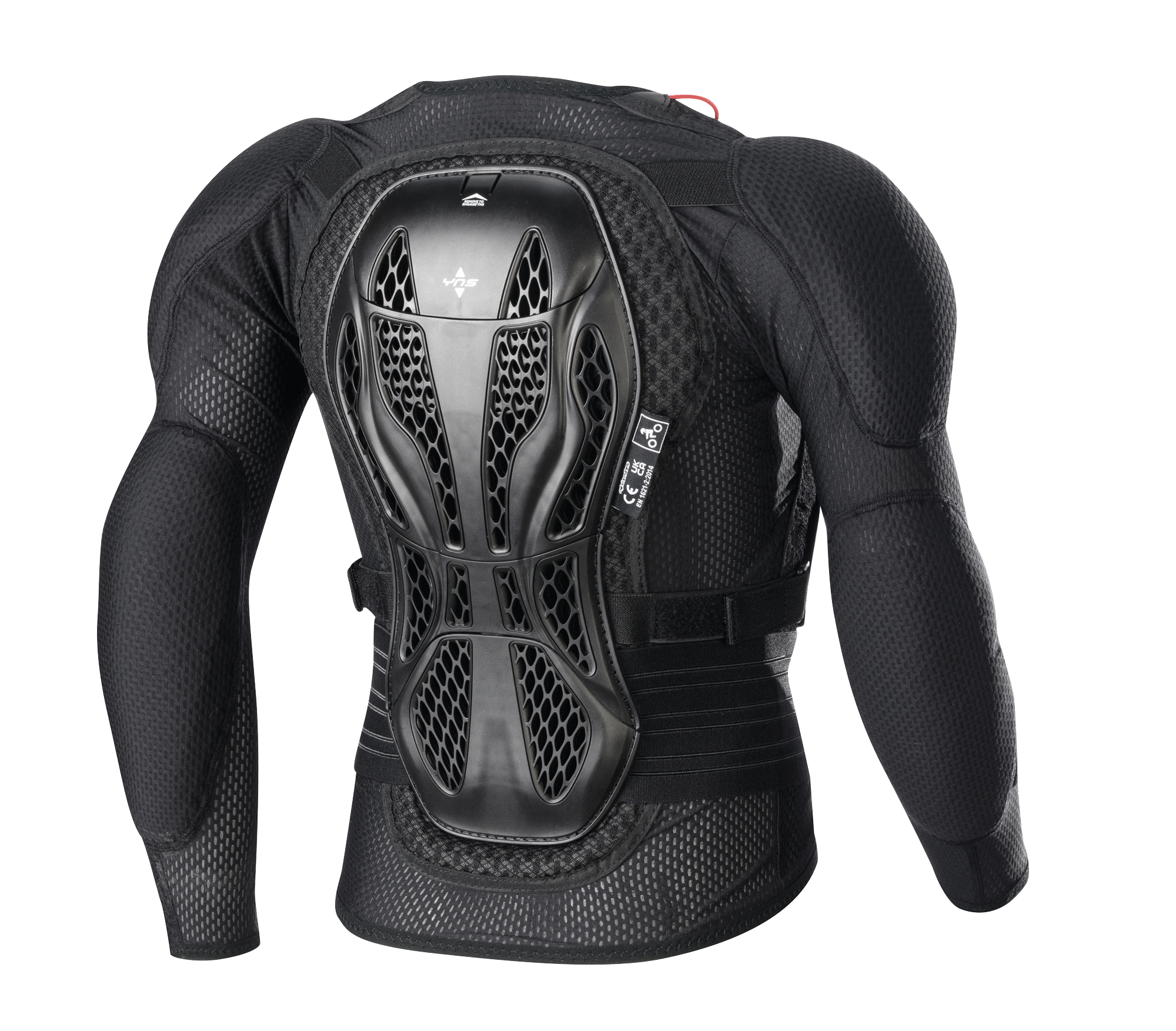 Alpinestars Youth Bionic Action V2 Protection Jacket, zwart, achteraanzicht, voorzien van een drievoudig gesegmenteerde Cell Technology rugbeschermer, sterk geventileerde mesh-stof, geïntegreerde schouder- en elleboogbescherming, beschermende uitrusting voor off-road rijden door de jeugd