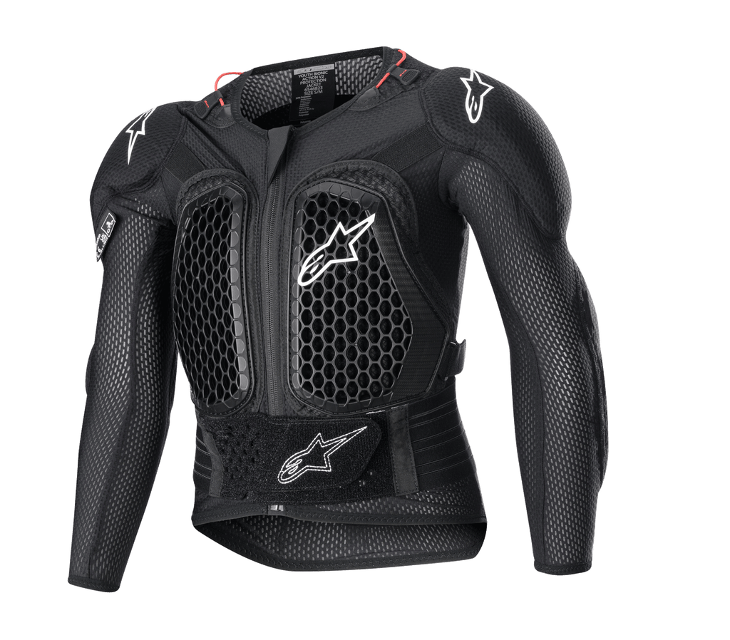 Alpinestars Youth Bionic Action V2 beschermingsjack, motorcross body armor, zwart met witte logo's en rode accenten, honingraat ventilatiepatroon op de borst en schouders, verstelbare tailleband, duurzame impactbescherming voor jonge rijders