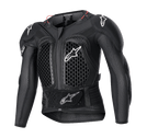 Alpinestars Youth Bionic Action V2 beschermingsjack, motorcross body armor, zwart met witte logo's en rode accenten, honingraat ventilatiepatroon op de borst en schouders, verstelbare tailleband, duurzame impactbescherming voor jonge rijders