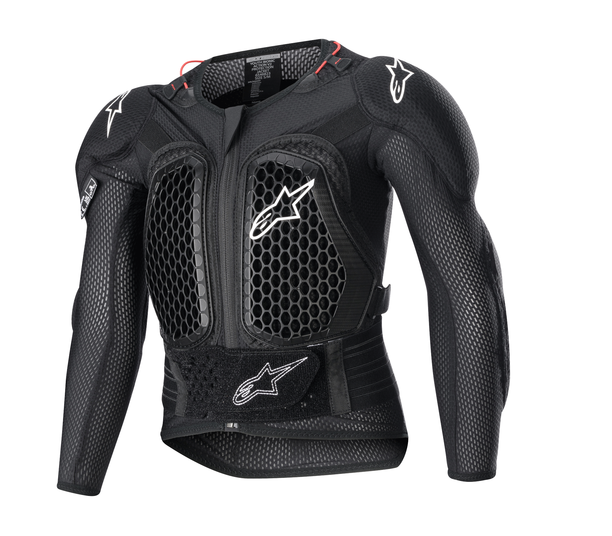 Alpinestars Youth Bionic Action V2 beschermingsjack, motorcross body armor, zwart met witte logo's en rode accenten, honingraat ventilatiepatroon op de borst en schouders, verstelbare tailleband, duurzame impactbescherming voor jonge rijders