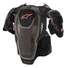 Alpinestars A-6 Borstbeschermer, motorcross body armor, zwart, antraciet en rood, voorzien van geperforeerde cell-technologie platen, rood Alpinestars-logo op de borst, verstelbare banden en verwijderbare schouderbeschermers, beschermende off-road uitrusting