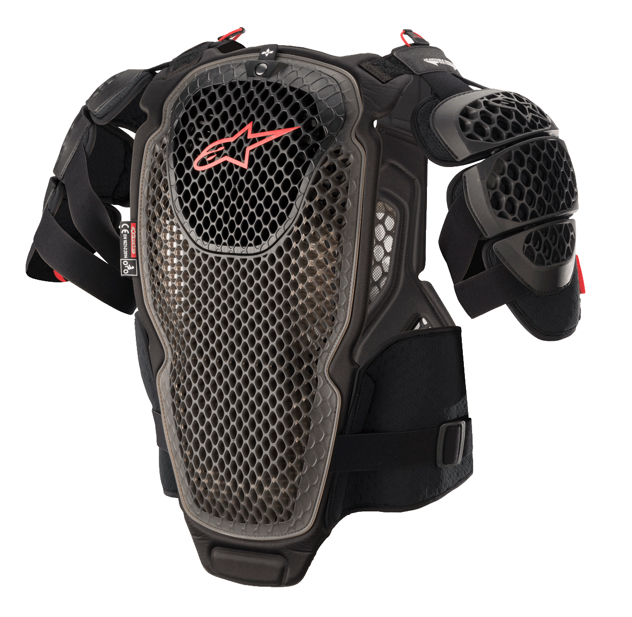 Alpinestars A-6 Borstbeschermer, motorcross body armor, zwart, antraciet en rood, voorzien van geperforeerde cell-technologie platen, rood Alpinestars-logo op de borst, verstelbare banden en verwijderbare schouderbeschermers, beschermende off-road uitrusting