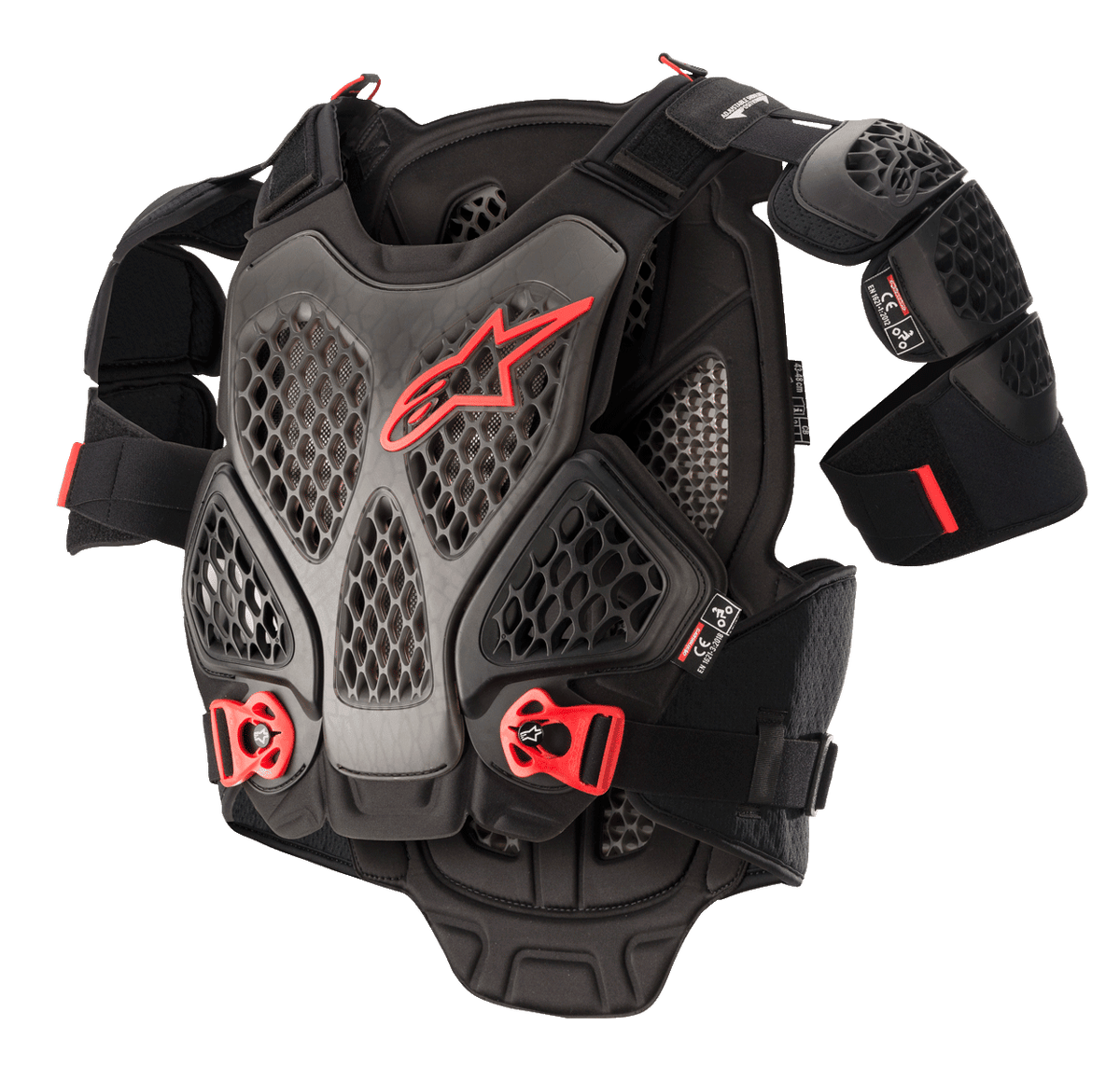 Alpinestars A-6 Chest Protector, Motocross Body Armor, Black Anthracite and Red, featuring honeycomb Cell technology plates, red Alpinestars logo, adjustable red quick-release buckles, and removable shoulder protectors