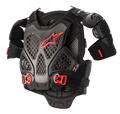 Alpinestars A-6 borstbeschermer, motorcross body armor, zwart antraciet en rood, voorzien van honingraat Cell-technologie platen, rood Alpinestars-logo, verstelbare rode snelsluitingen en afneembare schouderbeschermers