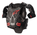 Alpinestars A-6 borstbeschermer, motorcross body armor, zwart antraciet en rood, voorzien van honingraat Cell-technologie platen, rood Alpinestars-logo, verstelbare rode snelsluitingen en afneembare schouderbeschermers
