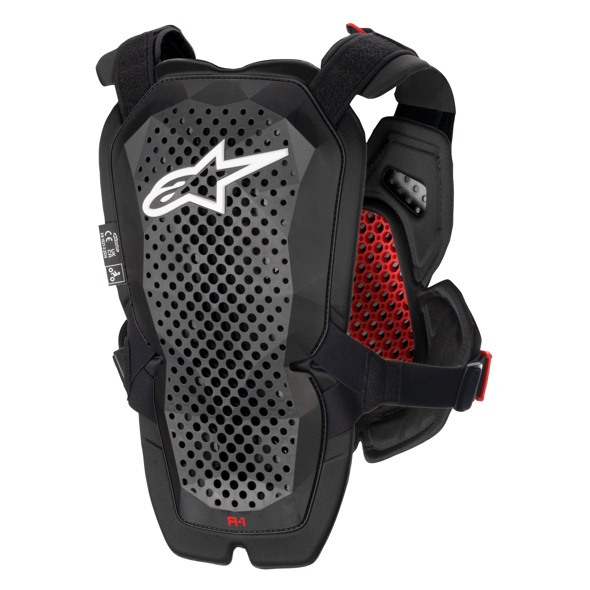 Alpinestars A-1 Pro Borstbeschermer, antraciet zwart en rood, achteraanzicht met het rugbeschermerpaneel, geperforeerde Polyhedron Technology voor ventilatie, wit Astars-logo, rode honingraatvoering aan de binnenkant, off-road motorbescherming
