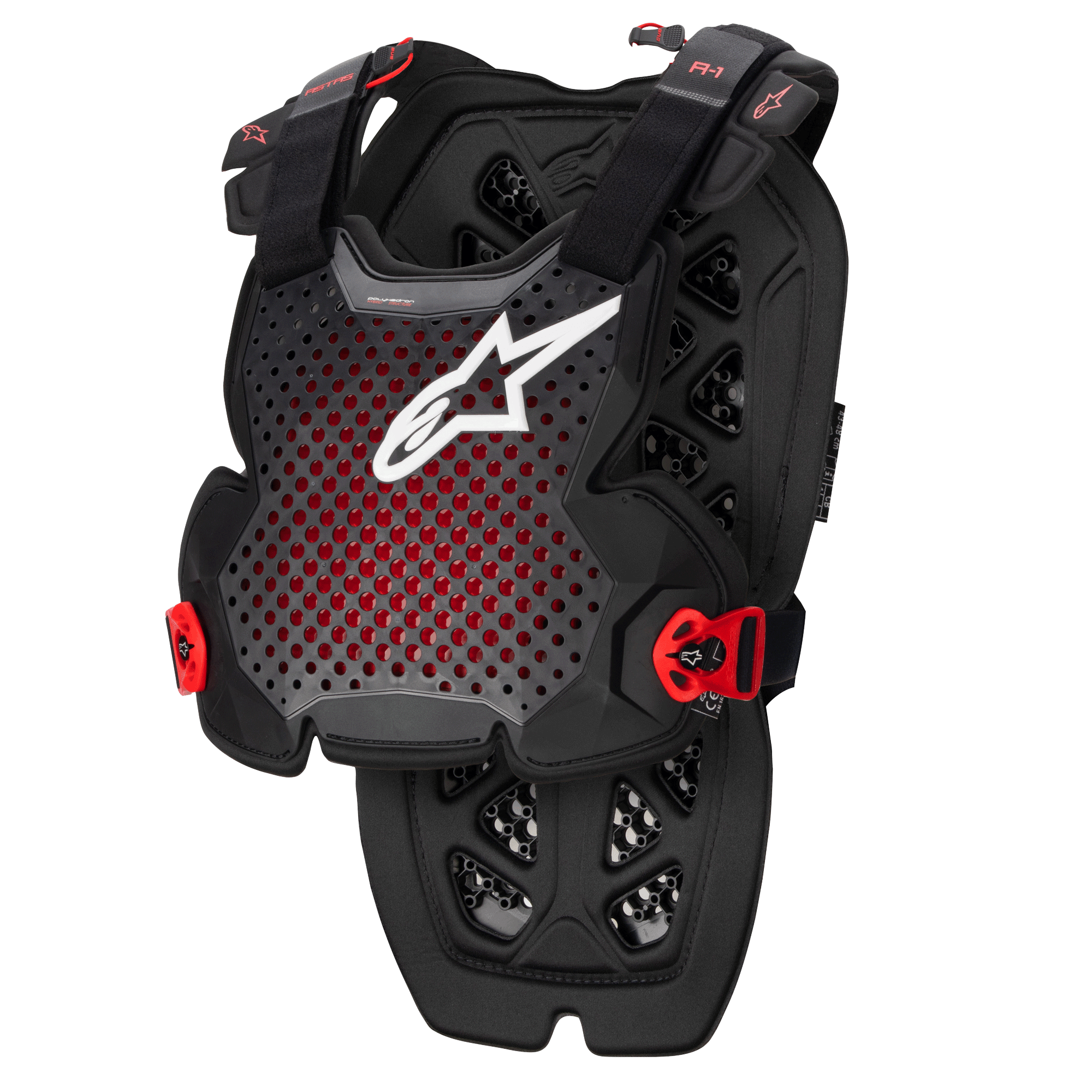 Alpinestars A-1 Pro Chest Protector, Anthracite Black and Red, perforated breathable design with white logo, adjustable straps with red buckles, hexagonal ventilation pattern, lightweight protective armor for motocross and off-road riding