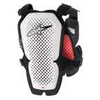 Alpinestars A-1 Pro borstbeschermer, wit en zwart met rode accenten, geperforeerd rugpaneel voor ventilatie, rode honingraat binnenvoering, lichtgewicht motorcross beschermende uitrusting