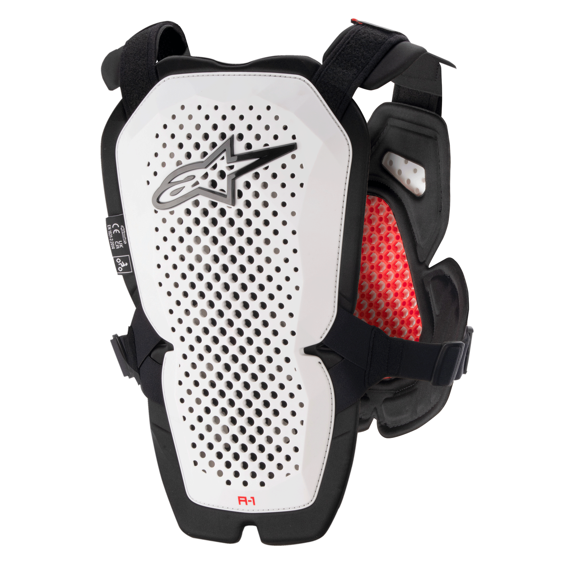 Alpinestars A-1 Pro borstbeschermer, wit en zwart met rode accenten, geperforeerd rugpaneel voor ventilatie, rode honingraat binnenvoering, lichtgewicht motorcross beschermende uitrusting