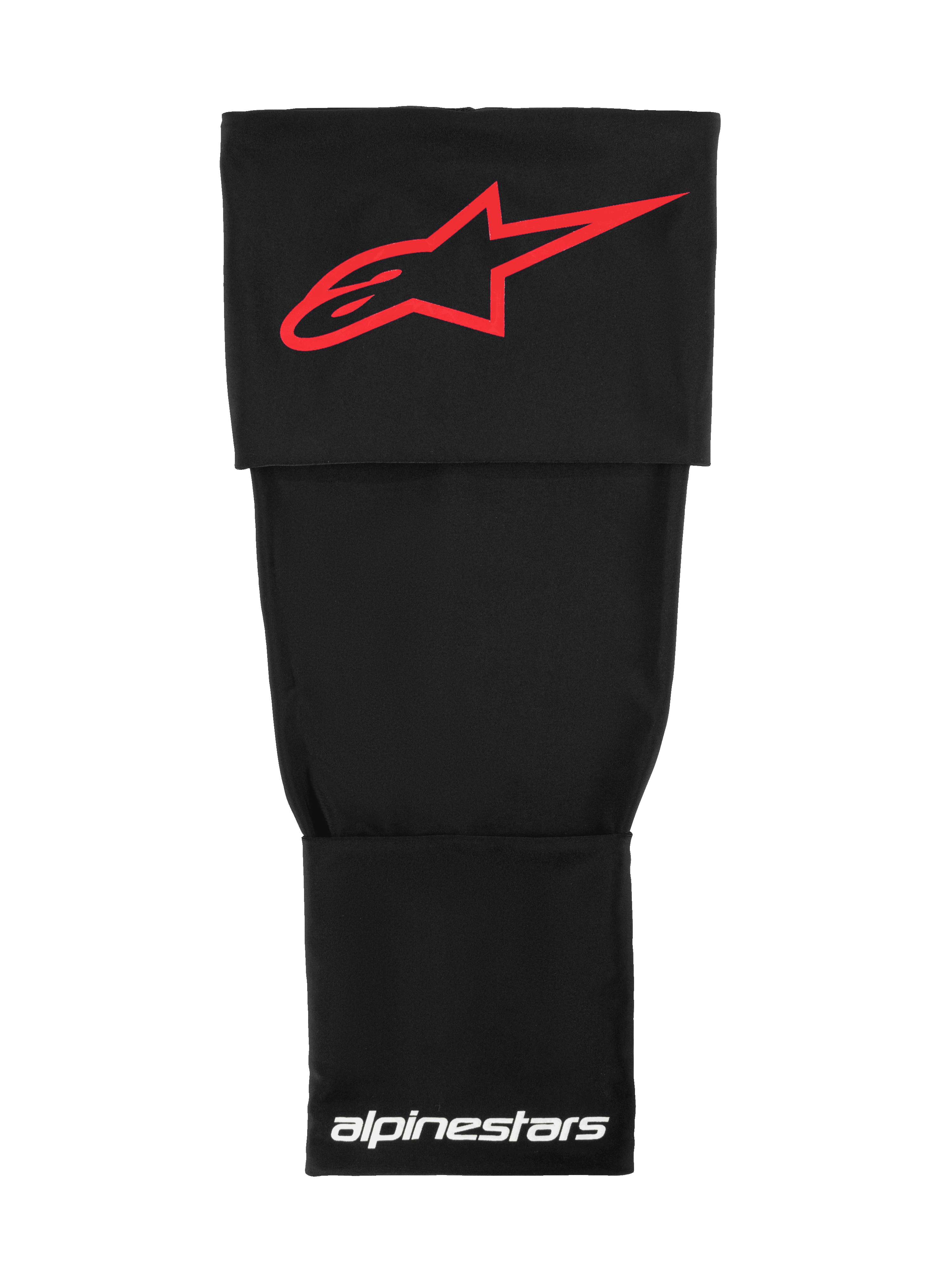 Alpinestars Rk-S Knee Brace Sleeve, technische motorcross base layer, zwart met rood Alpinestars-logo en witte branding, rekbare dubbellaagse stof voor ondersteuning onder de kniebrace