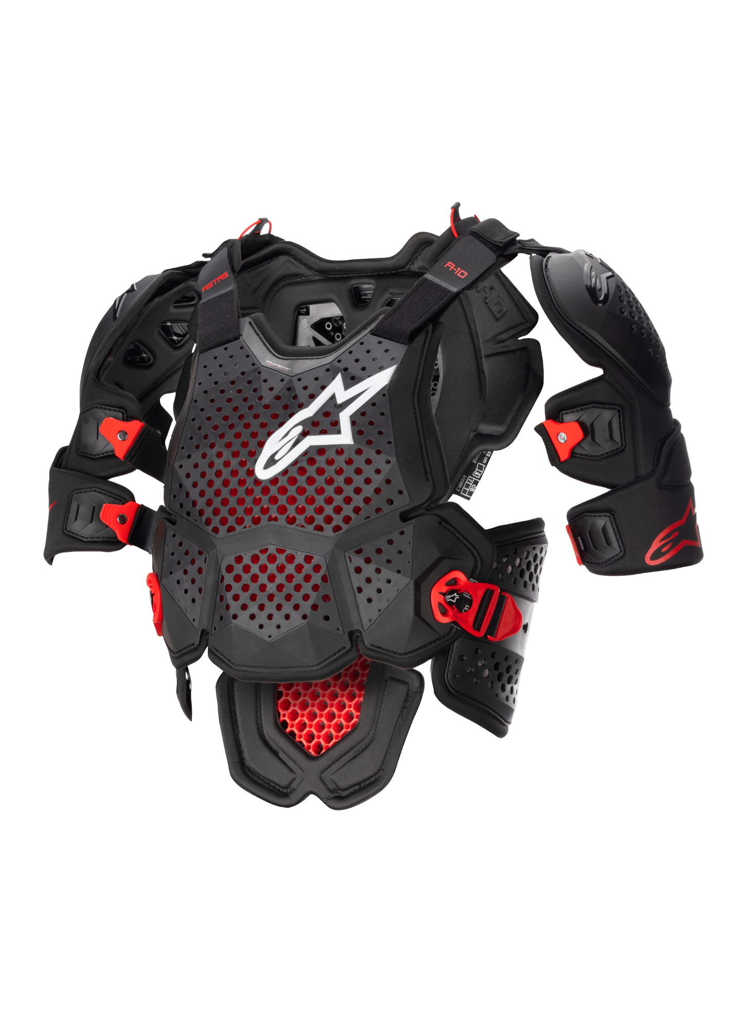 Alpinestars A-10 V2 Full Chest Protector, Motocross Body Armor in Anthracite Black and Red, featuring a perforated chest plate with a white Alpinestars logo, adjustable shoulder protection, and impact-resistant buckles, CE Level 2 certified off-road protective gear