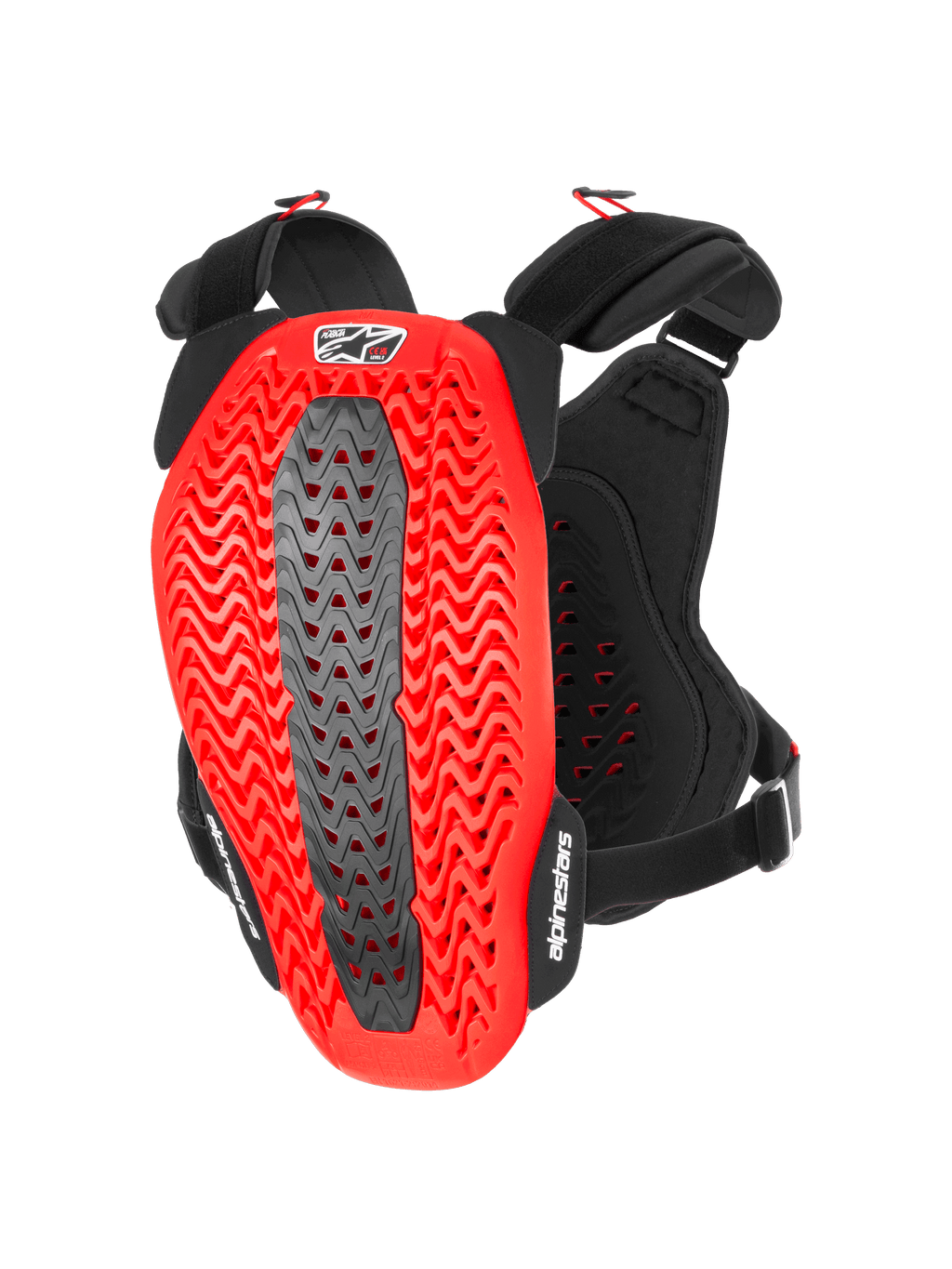 Alpinestars A-5 Plasma borstbeschermer, motorborst- en rugbeschermer, zwart en rood, achteraanzicht met rode golvende geperforeerde Nucleon PLASMA-schaal met een grijze centrale zone, zwarte verstelbare banden met witte logo's, beschermende uitrusting voor motorcross en off-road rijden