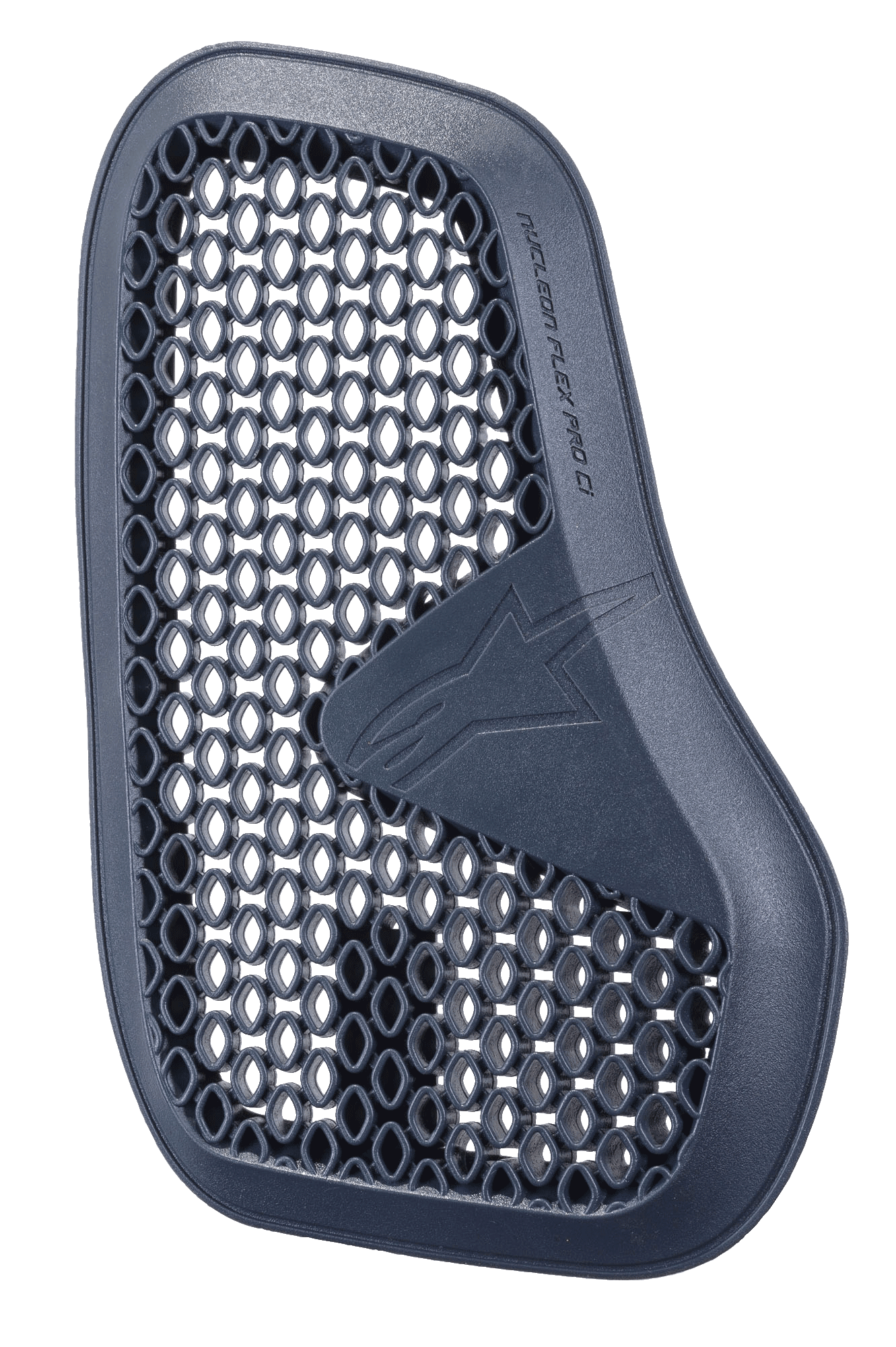 Alpinestars Nucleon Flex Pro Ci Protector, antracietgrijze motorborstbeschermer, linkerstuk van een tweedelige set, honingraat microstructuur voor ventilatie en energie-absorptie, Alpinestars-logo en tekst in reliëf, lichtgewicht ergonomisch ontwerp