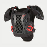 Alpinestars Youth Bionic Action Chest Protector, Motocross Body Armor, Black and Red, featuring perforated Cell Technology grid plates, adjustable shoulder straps, red quick-connect buckles, and padded chassis for youth off-road riding