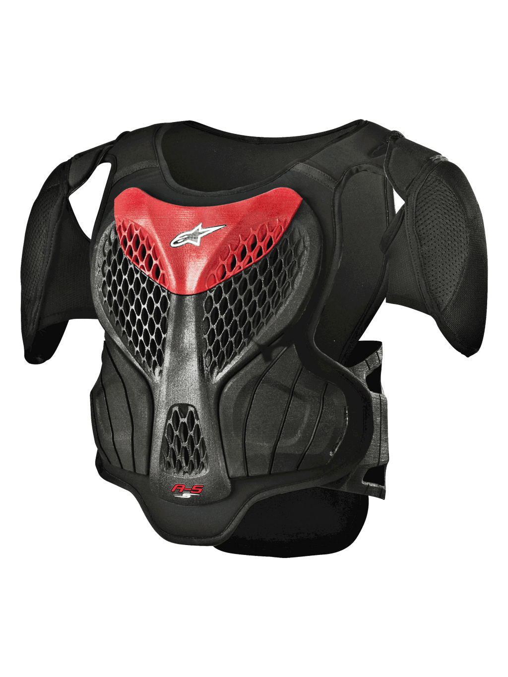 Alpinestars Youth A-5 S Body Armour, motorcross borstbeschermer, zwart en rood, hexagonaal mesh-ontwerp, gewatteerde schouders, lichtgewicht bescherming voor jonge rijders