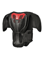 Alpinestars Youth A-5 S Body Armour, achteraanzicht, zwart en rood, voorzien van een beschermende roosterstructuur rugplaat, geventileerde honingraatstructuur en geïntegreerde schouderbeschermers voor off-road motorcross bescherming