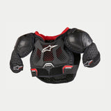 Black and red Alpinestars EU Youth Bionic Action Kickstart Chest Guard with shoulder guards, chest guard, and back protection panels. The design includes mesh ventilation zones and adjustable straps for a secure fit.