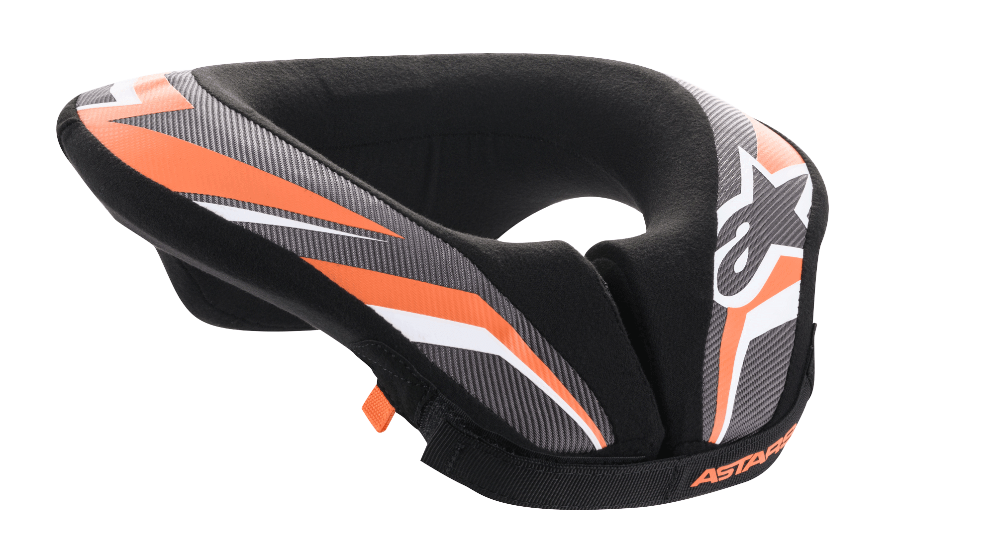 Alpinestars Youth Sequence Neck Roll, motorcross- en MTB-nekbrace, zwart, antraciet en oranje, gewatteerd U-vormig ontwerp met verlengde staart voor stabiliteit, beschermende uitrusting voor jeugdrijders, met wit Alpinestars-logo