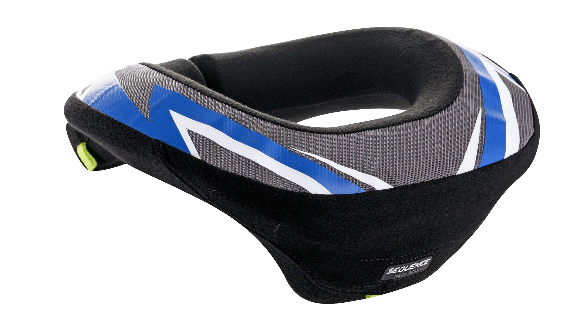 Alpinestars Youth Sequence Neck Roll, nekbeschermer, zwart, antraciet en blauw, ergonomisch ontwerp met een verlengde achterzijde voor stabiliteit, grijze getextureerde panelen met blauwe en witte grafische accenten, zachte zwarte binnenvoering, ontworpen voor veiligheid bij jeugd motocross en karten
