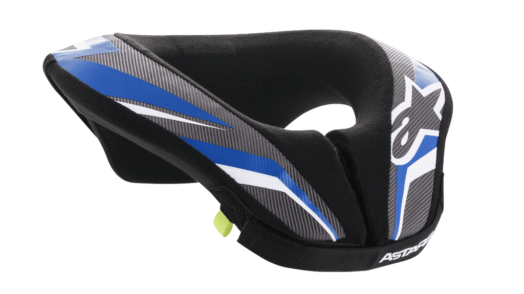 Alpinestars Youth Sequence Neck Roll, jeugd motorcross nekbeschermer, zwart antraciet en blauw, met een gevoerd ergonomisch ontwerp, blauwe en grijze panelen met patroon, witte accenten, Alpinestars-branding en een zachte binnenvoering voor comfort