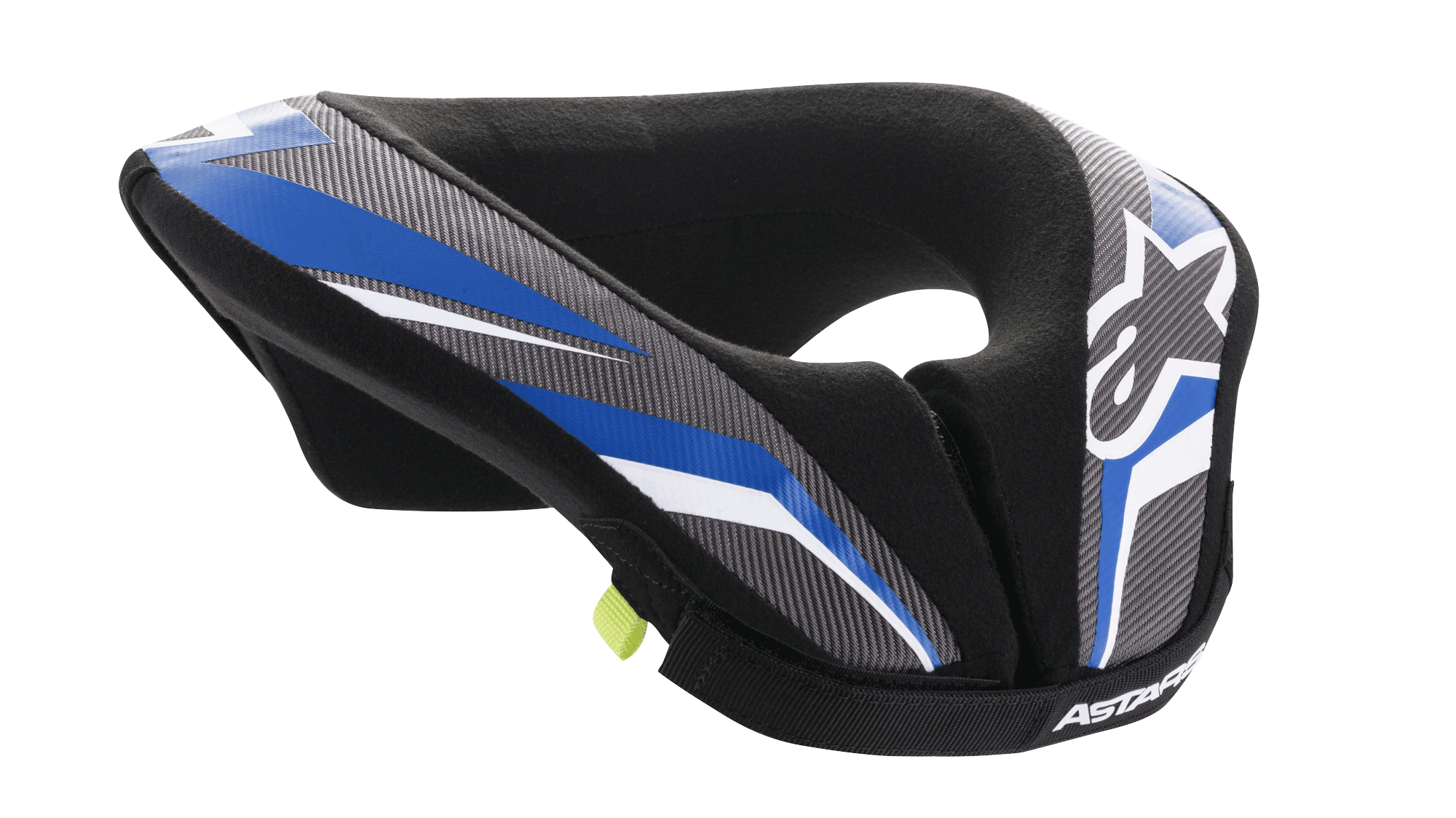 Alpinestars Youth Sequence Neck Roll, jeugd motorcross nekbeschermer, zwart antraciet en blauw, met een gevoerd ergonomisch ontwerp, blauwe en grijze panelen met patroon, witte accenten, Alpinestars-branding en een zachte binnenvoering voor comfort