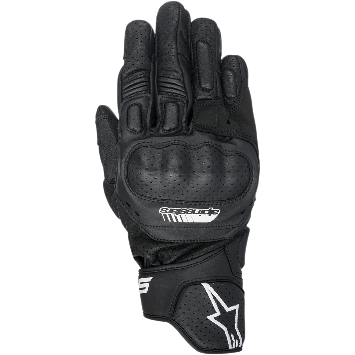Alpinestars SP-5 handschoenen, motorracehandschoenen, zwart, geperforeerd leer met geïntegreerde polymeer knokkelbescherming, gewatteerde vingers, wit Alpinestars-logo op de manchet, sportief ontwerp met kort manchet