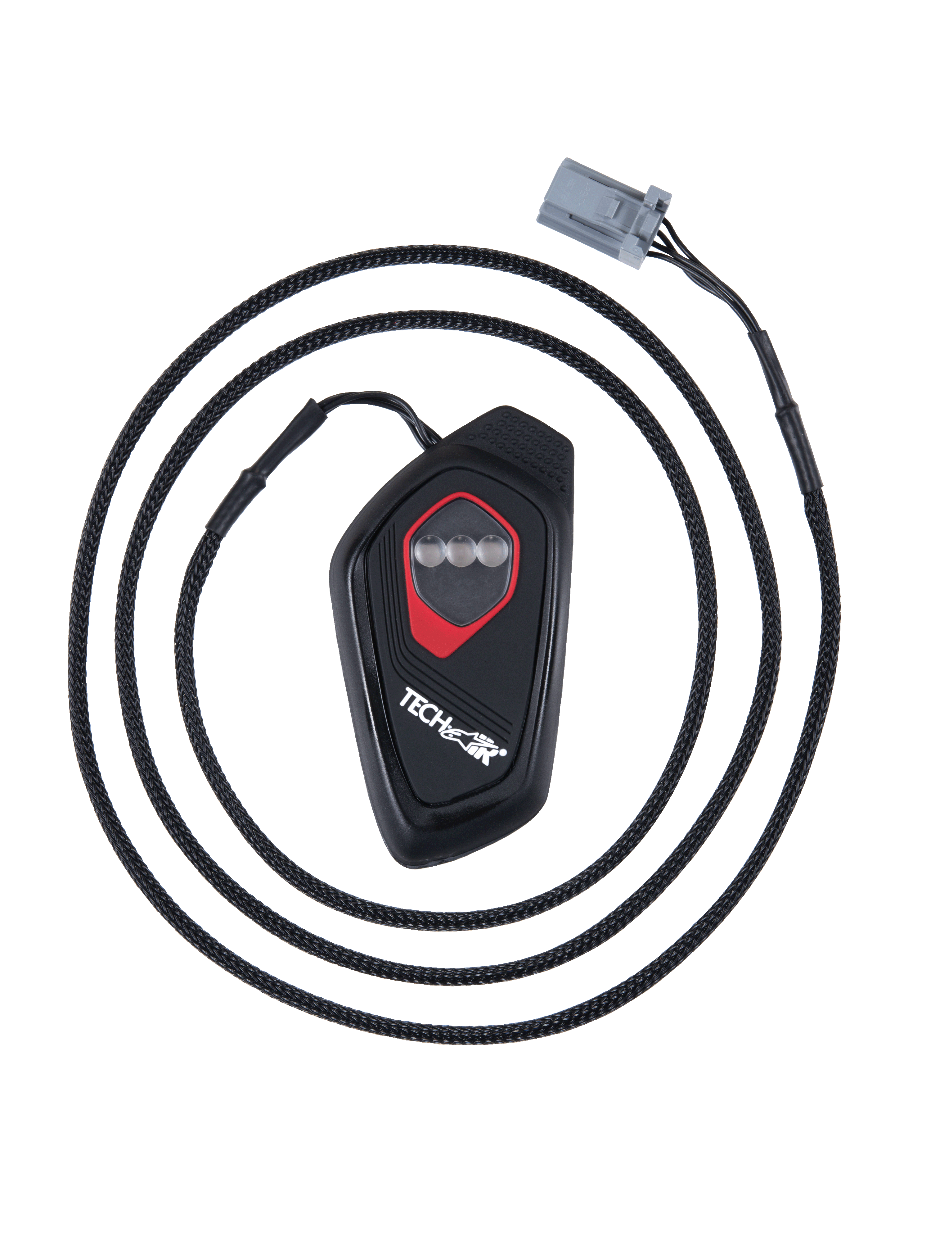 Alpinestars Tech-Air® 7X LED-display, zwarte druppelvormige elektronische bedieningseenheid met rode omlijning, drie ronde LED-indicatoren, gevlochten kabel met grijze connector, displaymodule voor motorairbagsysteem