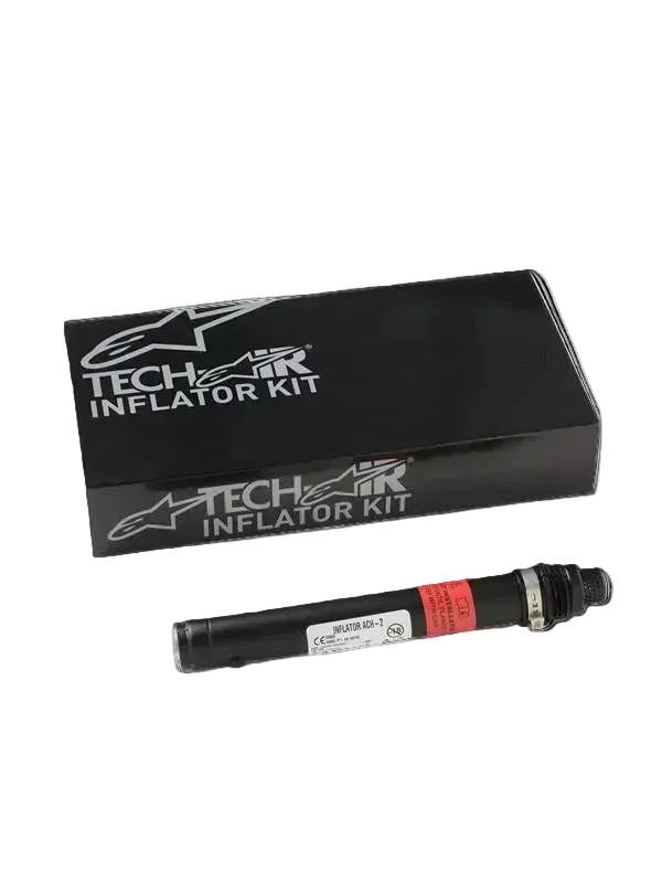 Alpinestars Tech-Air® 3 V2 Airbagsysteem Vervangingspatroon, Tech-Air Type III Opblaaskit, enkel zwart met argon gevuld gaspatroon met wit label en rode waarschuwingsband, afgebeeld met zwarte merkverpakking, essentieel onderhoudsonderdeel voor motorairbags
