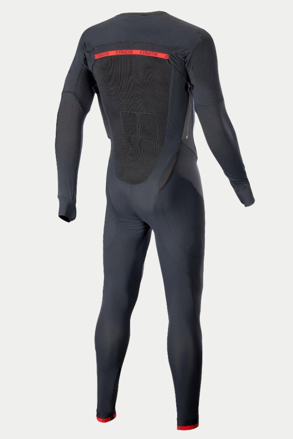 Alpinestars Tech-Air 10 Race Systeem Lange Basislaag, zwart en rood heren motoronderpak met ademende mesh-panelen.