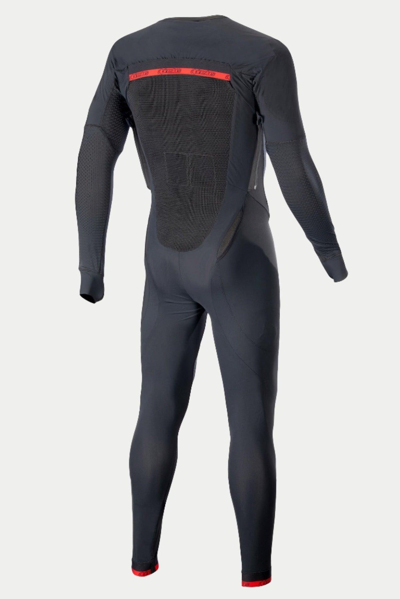 Alpinestars Tech-Air® 10 Race System Long Base Layer, full-body technical undersuit, Black with Bright Red accents, rear view showing mesh back panel and red logo stripe across shoulders, designed for seamless integration with motorcycle airbag systems